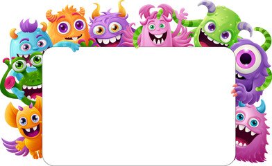 Cute monsters or aliens friends cartoon Halloween characters frame border illustration around a black background sign frame.