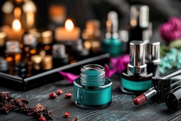A variety of cosmetic products including blue jars and lipstick on a wooden table, with glowing candles and pink flowers creating a warm, inviting ambiance.