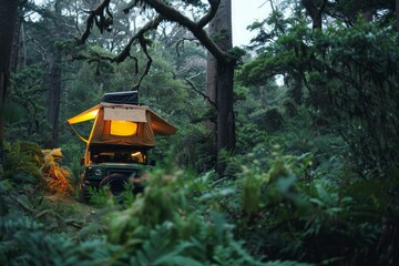 Off road vehicle is camping in a lush green forest with its rooftop tent illuminated at night