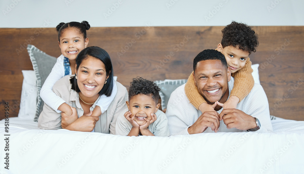 Poster Parents, children and lying on bed for portrait with piggy back, care and bonding with love in family home. Kids, father and mother with smile, connection and relax with pride at apartment in Mexico