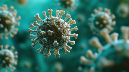 High-resolution close-up of various viruses in suspension