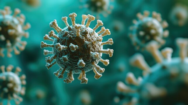 High-resolution close-up of various viruses in suspension