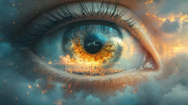 surreal digital artwork depicting giant human eye emerging from cloudy sky hyperdetailed iris reflects cityscape below dreamlike atmosphere with soft ethereal color palette