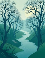 Fototapeta premium Vintage Elegant Retro Art Nouveau Landscape with Trees and River in Blue and Green Tones new beautiful stock image illustration AI