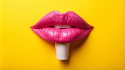 Pink Lips on Yellow Background, 3D Rendering, Digital Art, Pop Art, lipstick, makeup, illustration