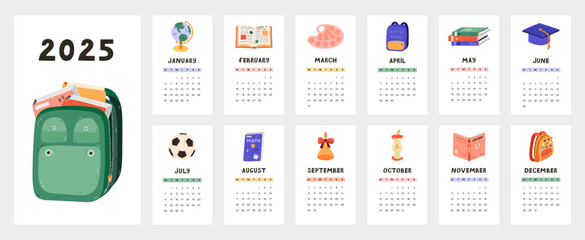 Cute calendar template for 2025 year with cartoon clipart of school supply and stationery. Calendar grid with weeks starts on Monday for kids nursery. Horizontal monthly calender layout for planning