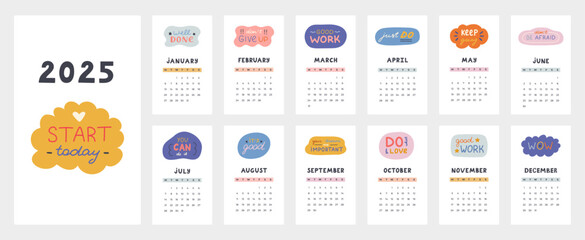 Cute calendar template for 2025 year with motivational and cheering lettering in bubbles. Calendar grid with weeks starts on Monday for kids nursery. Horizontal monthly calender layout for planning