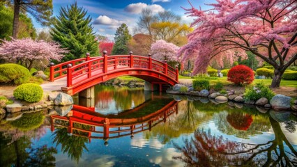 Obraz premium Red Bridge Reflection in Spring Garden, Japanese Garden, Cherry Blossom, Pond Reflection, Landscape Photography