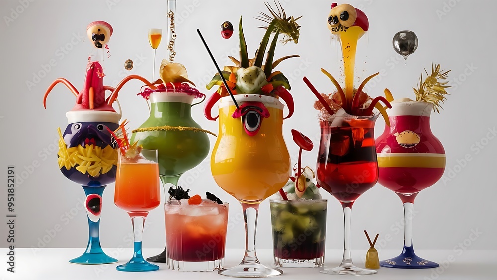 Wall mural Wide assortment of freakish cocktails on a white background