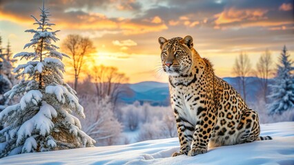 Fototapeta premium Snow Leopard in Snowy Landscape at Sunset, snowy mountains, winter wildcat, amur leopard, big cat