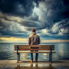 Fototapeta premium Solitude by the Sea A Man Contemplates the Stormy Sky, Man, Bench, Sea, Stormy Sky, Clouds