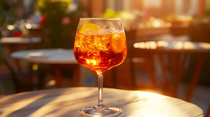 Naklejka premium Aperol Spritz served on a sunny patio, with the orange color glowing in the light