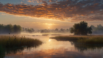Fototapeta premium Serene sunrise over a misty lake surrounded by lush greenery, reflecting the calm water.