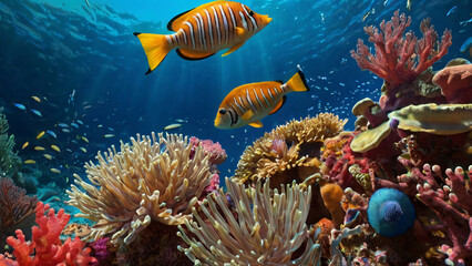 Vibrant coral reef with colorful fish swimming in clear, sunlit tropical waters.