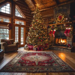 Cozy holiday scene featuring a beautifully decorated Christmas tree, warm fireplace, and inviting living space.