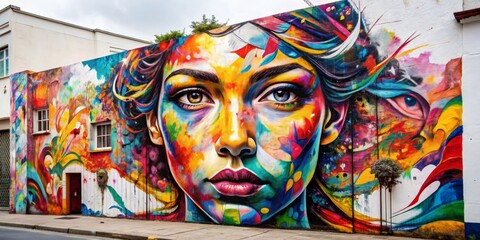 Street Art Mural A Woman's Face in Vibrant Colors, Street Art, Graffiti, Mural, Colorful