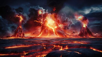 Explosive Lava Burst Amidst Volcanic Smoke