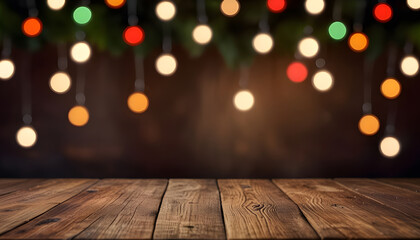 Christmas blur bokeh background with empty wooden table for display of product or object presentation. Generative AI