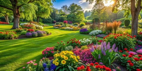 Sunlit Garden with Colorful Flowers and Lush Greenery, garden, flower, landscape, nature