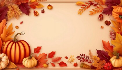 Fototapeta premium Autumn Border Design - autumn flyer frame with a decorative border made of leaves, acorns, pumpkins and copy space for text or graphics. Graphic art illustration