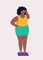 One Overweight Black Woman Felt Disappointed With The Weight Result After Weighing Herself On A Scale.