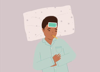 One Black Little Boy Lying Down With Cooling Gel Patch On Forehead And Taking An Oral Temperature With A Digital Thermometer.