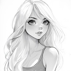 Fototapeta premium Beautiful Anime Girl with White Hair in Black and Gray Pencil Art