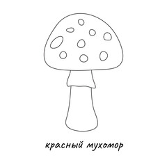 Fly agaric mushroom in outline style on white background for icons, posters, books, kids, webs, apps	