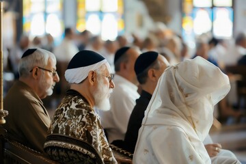 Obraz premium Devout Jewish worshipers praying in traditional robes at synagogue Yom Kippur holiest day in Judaism, prayer and reflection