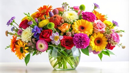 Vibrant Flower Bouquet in Glass Vase, White Background, Colorful Blooms, Floral Arrangement, gerbera, rose, sunflower