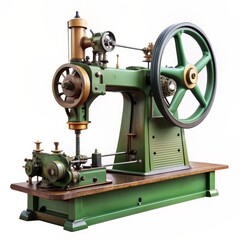 Fototapeta premium Vintage Green Sewing Machine with Wooden Base, Industrial Design, Metal Parts, Mechanical Sewing, Vintage Sewing Machine , Sewing Machine , Industrial Machine