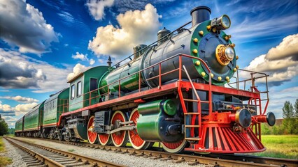 Obraz premium Vintage Steam Locomotive Under a Sunny Sky, Digital Art, Green, Red, Locomotive, Steam Engine, Train