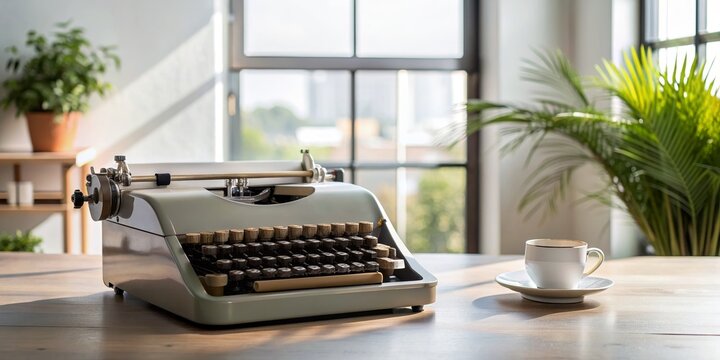 Vintage Typewriter and Coffee Cup on a Wooden Table, Writer's Desk, Retro, Office, Storytelling - Powered by Adobe