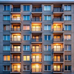 Fototapeta premium Warm Glow from Apartment Balcony at Dusk, Architecture, Apartment Building, Urban, Balcony