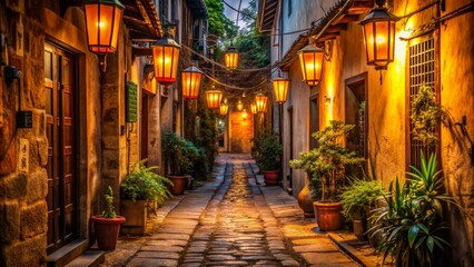 Warm Glow in a Cobblestone Alley, Digital Art, Lantern Light, Nighttime Streetscape, Stone Walls, Cozy Ambiance, Italy