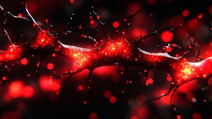 Intricate neural network highlighting red synapses and connections in darkness