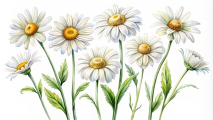 Fototapeta premium Watercolor Painting of a Bouquet of Seven White Daisies with Green Stems and Leaves, Flower, Daisy, Watercolor, Botanical, ,