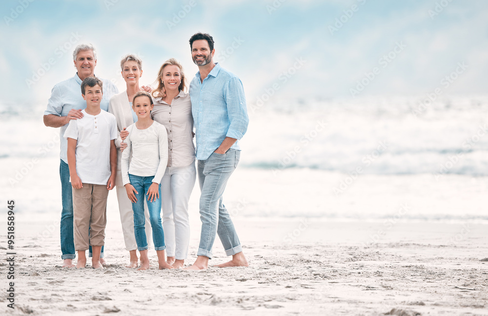 Canvas Prints Love, portrait and smile with family on beach together for holiday, travel or vacation. Hug, mockup space or summer with senior people, parents and sibling children outdoor for bonding or wellness