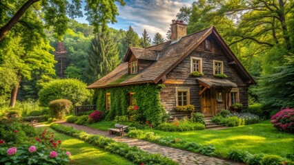 Wooden Cabin in a Lush Forest, Digital Painting, Cottagecore, Garden, Nature, Woods