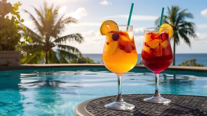 Two glasses with tasty, natural fruit beverage at poolside