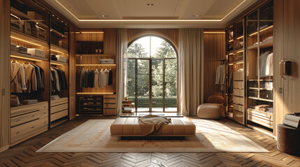 Fototapeta premium Luxurious modern wardrobes with arched windows, beige curtains, and black accents in elegant dressing rooms, enhanced by natural light and sophisticated design elements.