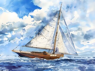 Fototapeta premium A watercolor painting of a sailboat with white sails set against a blue sky with white clouds.