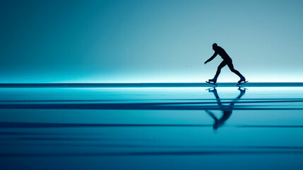 Fototapeta premium Young woman rollerblading on the beach at sunset.