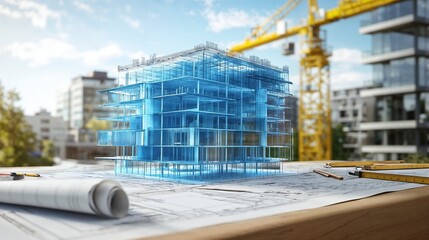 A building blueprint under construction with a crane behind