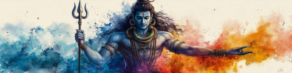 Vibrant AI-Generated Shiva: Epic Watercolor Depiction of Hindu God with Trishula. Colorful Cultural Art for T-Shirt Prints, Posters, and UI Design. Minimalist Composition with Elegant Gradients and Te