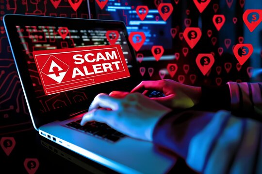 Hands typing on laptop with SCAM ALERT warning message online fraud and internet security concept digital crime prevention
