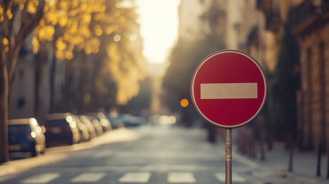 Empty urban street with a no entry sign in focus and blurred buildings and cars in the background during a sunny day