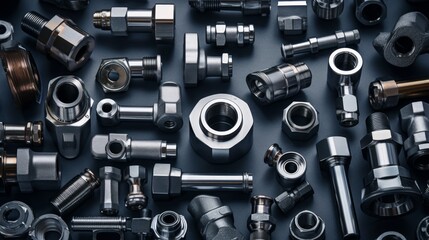 Old nut and bolts on dark background. Neural network ai generated art