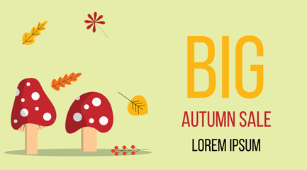 Big Autumn Sale Banner with Mushrooms and Leaves. Commerce and advertisement campaign seasonal leaflet