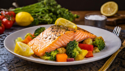 Grilled salmon steak with roasted vegetables served on a white plate
